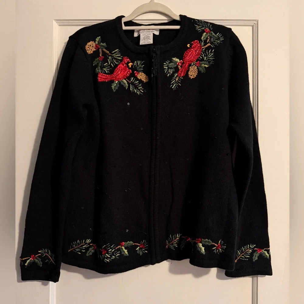 Vintage Tiara International Ugly Christmas Zip Cardigan Cardinal Holly Size XL